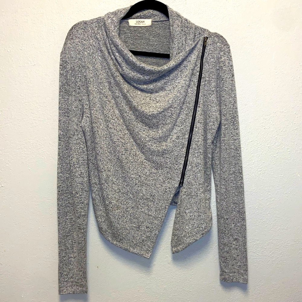 Logan Size Small Heathered Gray Moto Cowl Neck High Low Zipper Sweater 3350